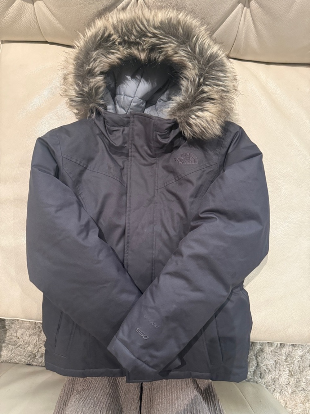 The North Face Women's Dark Gray Insulated Ski Jacket with Faux Fur Hood